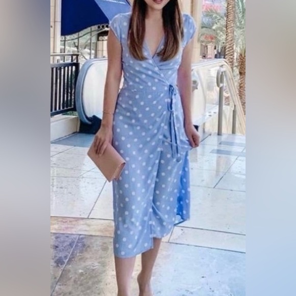 J.crew Dress Size S midi wrap Blue White Polka Dot Print Cap Sleeve - Picture 3 of 6